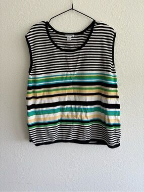 Striped Sleeveless Knit Top - Black, White & Green Stripe  This is a sweater set